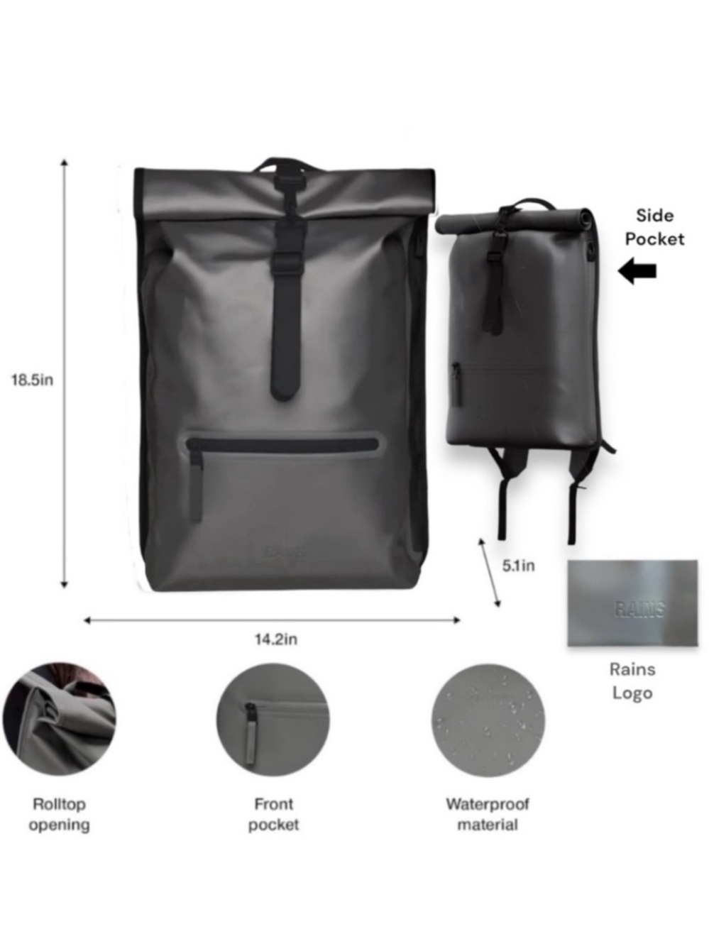 NWT RAINS Rolltop Rucksack Waterproof 16" Laptop Backpack Metallic Gray W3